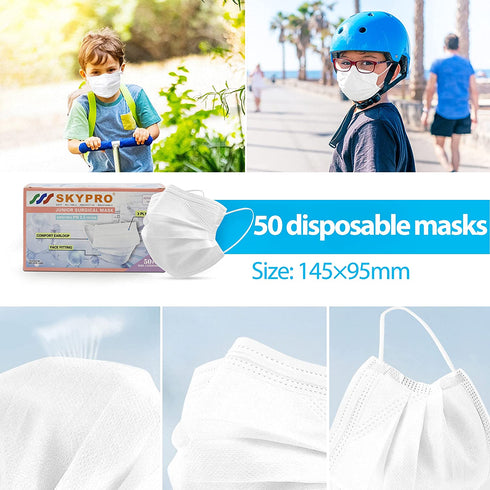 SKYPRO 50PCS Medical Grade ASTM Level 1 Standard 3-Ply Kids White Disposable Face Mask Protective PPE