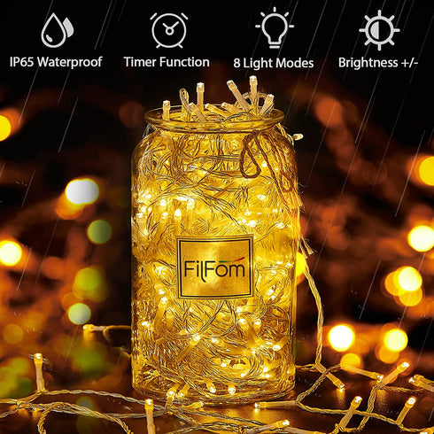 FilFom Battery Operated String Lights, 2 Pack 36ft 100 LED Fairy Lights With Remote, IP65 Waterproof Twinkle Lights 8 Mode Warm White Christmas Lights Outdoor for Bedroom Tree Indoor Party Decorations
