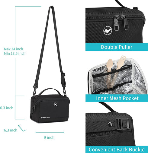 Sunny Bird Small Insulated Lunch Bag Portable Lunch Box Tote for Work and School (Black)