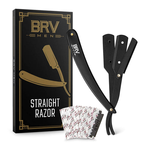 BRV MEN Professional GERMAN Steel Straight Edge Barber Razor - 100 Lord Platinum Single Edge Razor Blades - 100% German Stainless Steel Shavette - Shaving Knife For Men and Women - Black