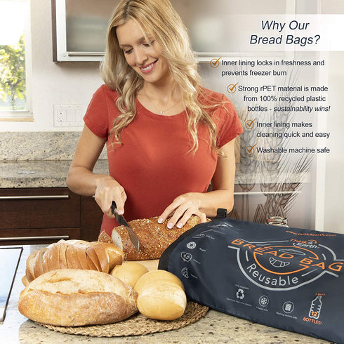 Think4Earth Linen Bread Bag - Reusable freezer bread bag for homemade bread maker gift giving - Bread Container for Sourdough Loafs Storage, Large Bread Bags for Homemade Bread with Double Lining