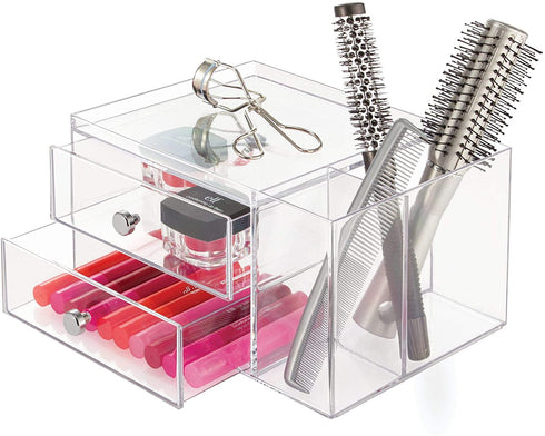 iDesign Plastic Vanity, Compact Storage Set Compartments for Cosmetics, Dental Supplies, Hair Care, Bathroom, Dorm, Desk, Countertop, Office, 6.5" x 6.5" x 6.5", 2 Drawer-Side Organizer