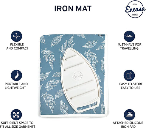 Encasa Homes Ironing Mat/Pad (Large 47 x 28 inch) with 3mm Padding & Silicone Iron Rest for Steam Pressing on Tabletop or Bed - Heat Resistant, Portable, Quilting & Travel Blanket - Big Leaves Blue