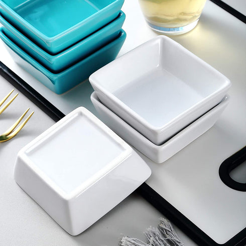 Bruntmor Porcelain Square Baking Ramekins for Souffle, Creme Brulee, Jams, Dipping Sauces, French Onion Soup Oven Safe, Appetizer Sauce Dipping Bowls, (4 Oz, Set of 6), White, Teal