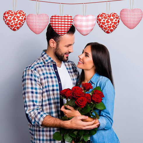 12 Pieces Valentine's Day Buffalo Check Fabric Ornament Valentine's Day Hanging Bauble Ornament Heart-Shaped Ornaments Baubles Decoration for Valentine's Day Wedding Party, 4 Styles