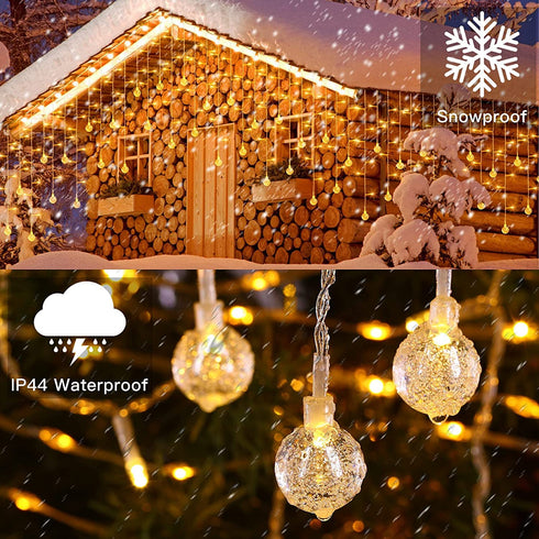 Quntis 32.8FT 400 LED Christmas Icicle Lights Outdoor, Warm White Icicle Lights with 80 Drops Crystal Ball, 8 Modes Curtain Fairy Light Waterproof for Valentine's Day Xmas Wedding Party Decorations