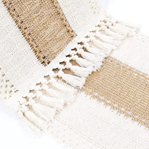 Senneny Macrame Table Runner, Cream Beige Boho Table Runner with Tassels, Hand Woven Cotton and Burlap Splicing Table Runner, Rustic Farmhouse Table Runner for Bohemian, Fall, Kitchen Dining Table