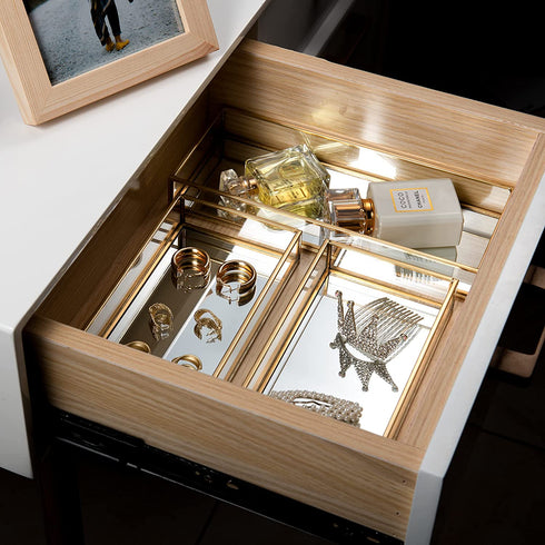 Feyarl Gold Clear Glass Vanity Tray Jewelry Trinket Rings Earrings Organizer Perfume Collection Display Decorative Tray Anti-Mirror Surface for Dressr Room Drawer Office Tabletop (9.84Inch)