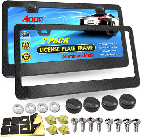 Aootf License Plate Frame Carbon Fiber- Black Aluminum Car Tag Holder Cover Printed Carbon Pattern with Stainless Steel Screws Caps, Front & Rear 2 Pack
