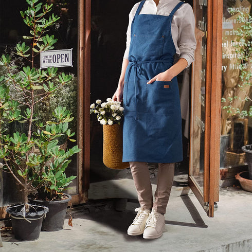 Beritle Denim Apron With Pockets, Cotton Kitchen Aprons, Cross Back Work Aprons For Shop, Hairstylist, BBQ Jean Apron