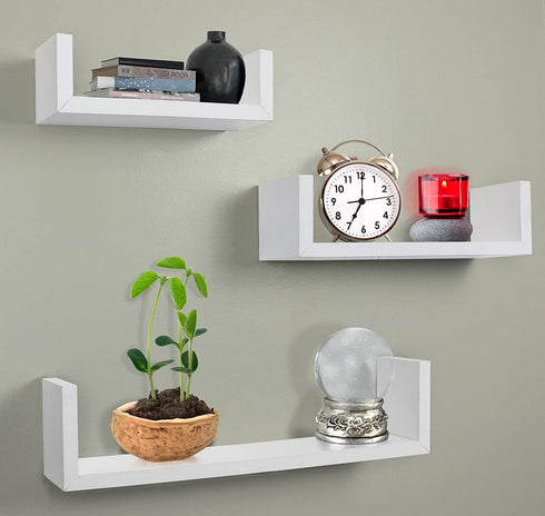 Greenco Set of 3 Floating œU? Shelves, Easy-to-Assemble Floating Wall Mount Shelves for Bedrooms and Living Rooms, White Finish