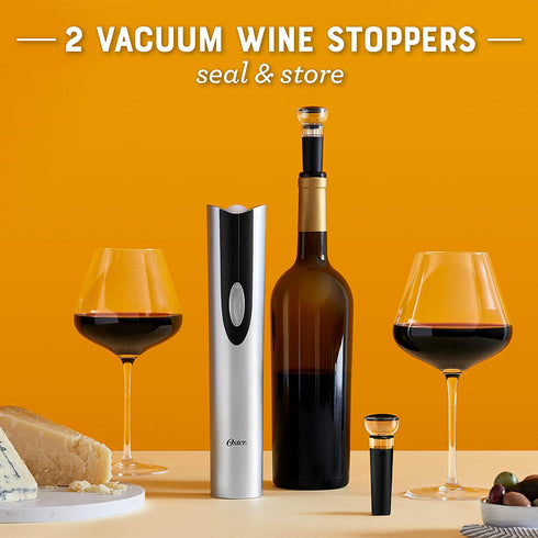 Oster 4-in-1 Wine Savoring Experience with Cordless Electric Wine Opener | Wine Kit with Rechargeable Wine Bottle Opener, Wine Pourer, Vacuum Wine Stoppers, and Foil Cutter, Black