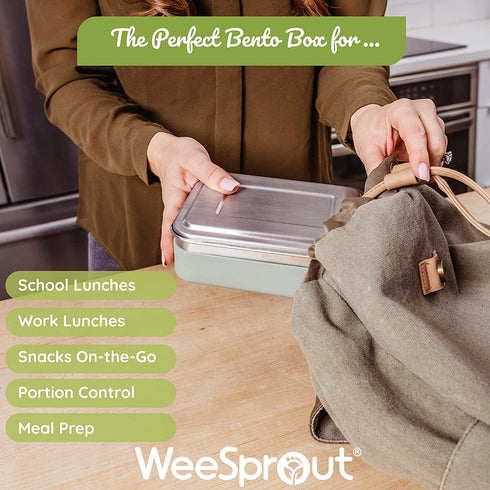 WeeSprout 18/8 Stainless Steel Bento Box (Compact Lunch Box) - 3 Compartment Metal Lunch Containers, Skid-proof Silicone Sleeve, for Kids & Adults, Bonus Dip Container, Fits in Lunch Bag & Backpack