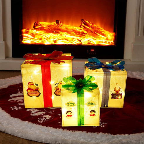 Glory Island Christmas Decorations Lighted Boxes, Set of 3 Lighted Merry Box, Santa Claus Snowman Pattern Box for Xmas Tree Indoor Outdoor Home Fireplace Yard Garden