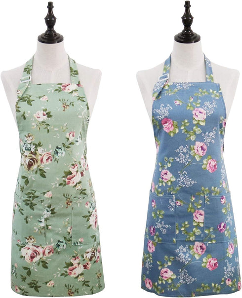 Saukore 2 Pack Floral Aprons for Women, Adjustable Kitchen Chef Aprons with Rose Pattern for Cooking Baking Gardening - Cute Mother's Day, Birthday Gifts for Bakers Mom Wife Grandma