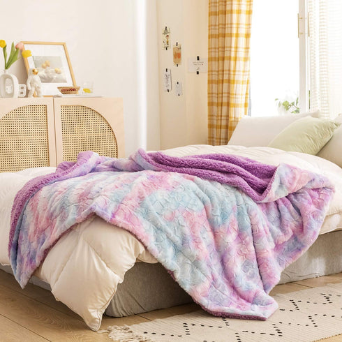 NEWCOSPLAY Super Soft Faux Fur Throw Blanket Premium Sherpa Backing Warm and Cozy Throw Decorative for Bedroom Sofa Floor (Thick-Multi Purple, Throw(40"x50"))