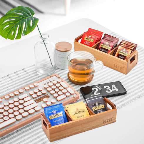 Small Wooden Tea Bag Box 2PCS by HTB, 3 Compartments Acacia Wood Tea Bag Chest with Handle, Mini Countertop Divided Storage Container for Beverage Supplies, Sugar, Sweeteners, Individual Packets