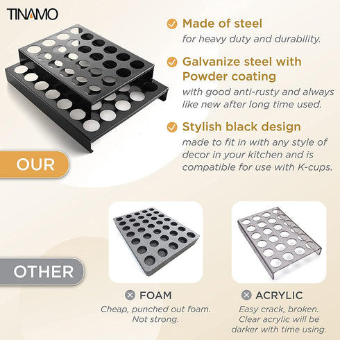 TINAMO Kcup Coffee Pods Holder Steel | Kpod Coffee Pods Holder Compatible with 35 K-cup | Kpod Coffee Pod Organizer | Black Steel Kcup Holder 35 | Countertop or in Drawer Storage (5x7)