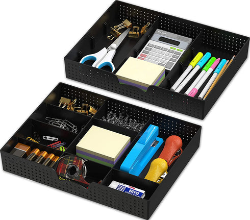 2 Pack - Simple Houseware Drawer Organizer Tray with 9 Adjustable Compartments, Black