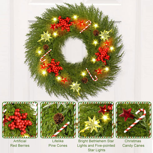 YoleShy Pre-lit Christmas Wreath for Front Door with Hanger 18" Battery Operated Christmas Wreath with Lights Red Berry Pine Cone Candy Cane, Christmas Decorations for Window, Wall Decor, Fireplace