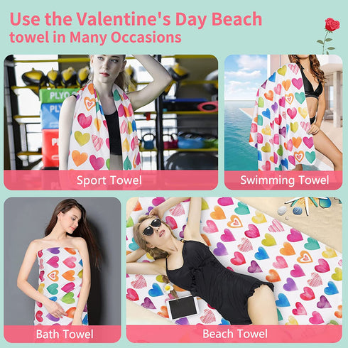3Pcs Valentine's Day Beach Towel Set Include Beach Towel, Hand Towel and Wash Towel, Romantic Love Heart Bath Towel Set for Couples, Women, Men, Soft Towel Set for Valentine's Day Bathroom Home Decor