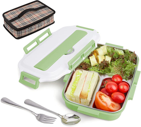 Bento Lunch Box for Kids and Adults ,1200ml Leakproof Stainless Steel Lunch Box with Portable Insulation Bag, 3 Compartments Food Container With Spoon and Fork