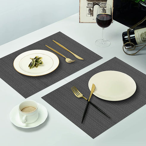 Woven Vinyl Table Runner and Placemats Set of 6 for Kitchen Dining Table Wipe Clean Washable PVC Table Runner Dark Grey (1 Table Runner and 6 Placemats)