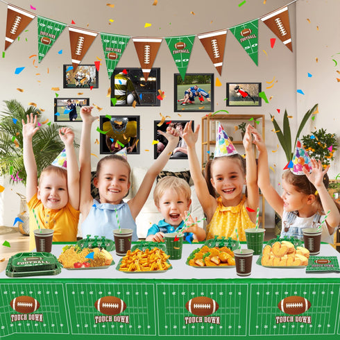 Football Theme Party Supplies - Includes Football Banner, Plates, Napkins, Cup, Tablecloth, Knives, Fork, Spoon and Straws for Boys Sports Theme Birthday Decorations, Serves 20 Guests