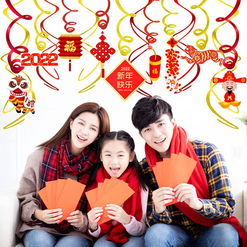 HOWAF 2022 Chinese New Year Hanging Decorations, 30pcs Red Gold Chinese New Year Hanging Swirls and Lion Dance Lantern Firecracker Tiger Banner Set for Spring Festival New Year Home Party Decorations
