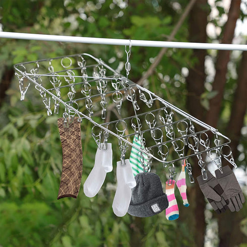 Stainless Steel Folding Clothes Drying Racks Laundry Drip Hanger Laundry Clothesline Hanging Rack Swivel Windproof Hook for Sock Set of 52 Metal Clothespins