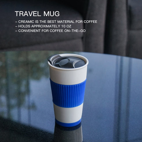 UDMG Ceramic Double Wall Insulated Travel Coffee Cup with Slider Lid, Silicone Sleeve & Built-In Coaster, 10 fl.oz (Coffee)