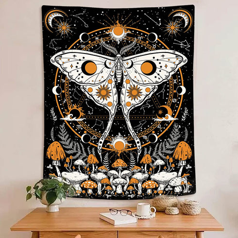 Rexful Mushroom Tapestry, Moth Tapestry Wall Hanging Sun and Moon Tapestries for Bedroom, Stars Constellation Aesthetic Art Tapestry for Living Room (60''×80'')