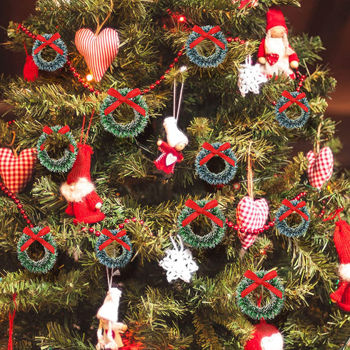 24 Pieces Mini Christmas Wreaths with Bows Christmas Wreath Decorations Including 1 Inch Blue-Green Xmas Wreaths and 1.2 Inch Grass-Green Xmas Wreaths for Christmas Tree Holiday Decorations