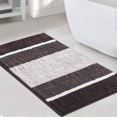 Luxury Chenille Plush Floor Door Mat for Kitchen Entryway, Gradient Chocolate Stripe Pattern Machine Washable Mat, Slip-Resistant Absorbent Shaggy Bath Rug for Bathroom, 24x36 inch