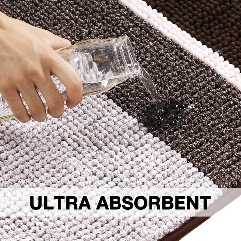 Luxury Chenille Plush Floor Door Mat for Kitchen Entryway, Gradient Chocolate Stripe Pattern Machine Washable Mat, Slip-Resistant Absorbent Shaggy Bath Rug for Bathroom, 24x36 inch