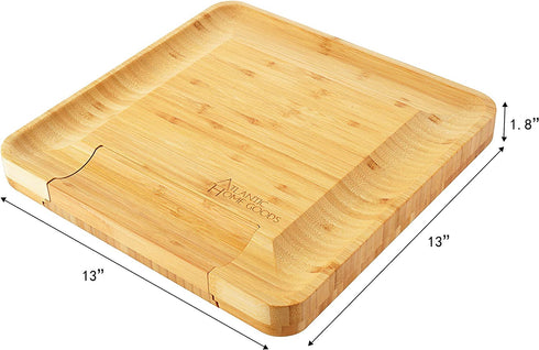 Bamboo Cheese Board - Charcuterie Platter & Serving Tray, 4 Stainless Steel Knife & Thick Wooden Server, and 4 Round Fruit trays. Fancy House Warming Gift for Wedding, Anniversary, or Engagement