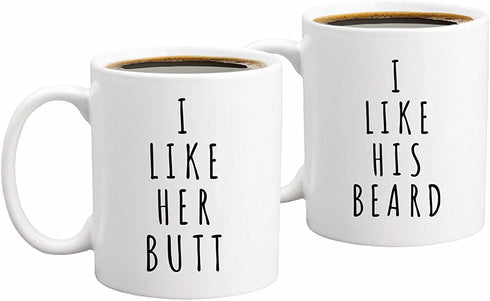 I Like His Beard, I Like Her Butt Couples Funny Coffee Mug Set 11oz - Unique Wedding Gift For Bride and Groom - His and Hers Anniversary Present Husband and Wife - Engagement Gifts For Him and Her