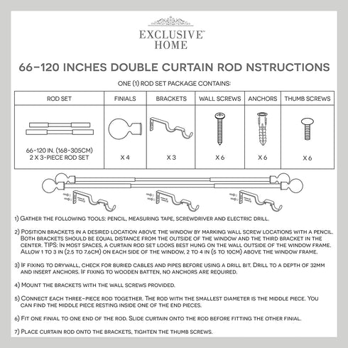 Exclusive Home Curtains ER1024-03 66120 Mosaic Double Curtain Rod and Finial Set, Adjustable 66"-120", Matte White