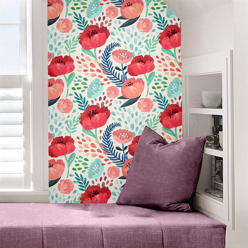 Blooming Wall Peel&Stick Red Flower Green Leaves Self-Adhesive Prepasted Wallpaper Wall Mural (Red Floral)