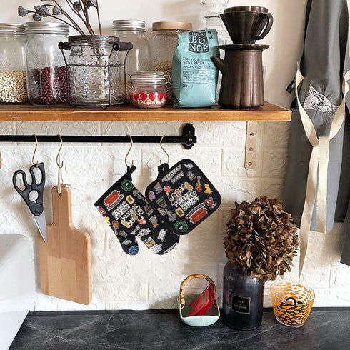 6PCS Friends Themed Kitchen Gifts Decor,1 Friends Apron,1 Dish Cloths, 2 Friends Oven Mitts,2 Friends Pot Holders,For Cook, Mom and Wife Kitchen (Black and Pink) (Black)