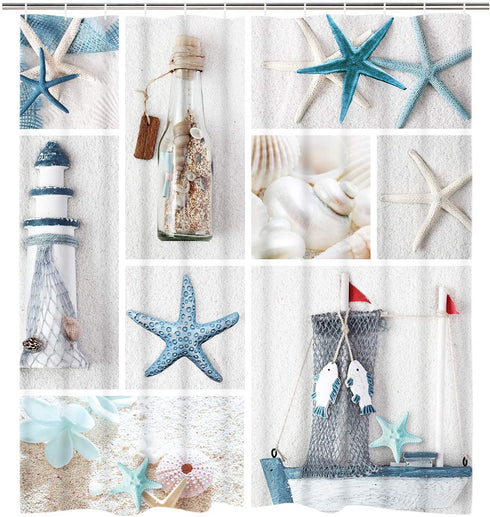 Nautical Shower Curtain, Marine Sail Boat Beach Starfish Shell Sea Life Shower Curtain with 12 Hooks, Waterproof Shower Curtain (White Blue #1, 70" L — 69" W)