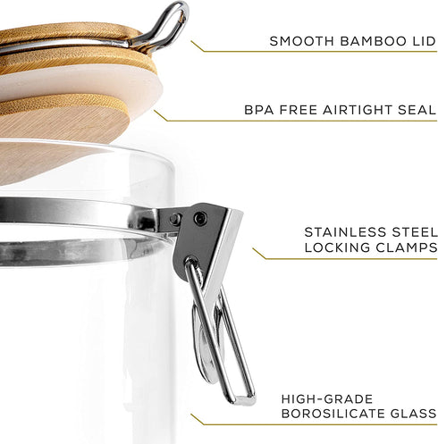 JoyJolt Borosilicate Glass Jars With Bamboo Lids (27oz). 2PC Set of Airtight Storage Jars with Clamp Lids for Pantry Storage. Air Tight Sealable Containers for Kitchen Organization.