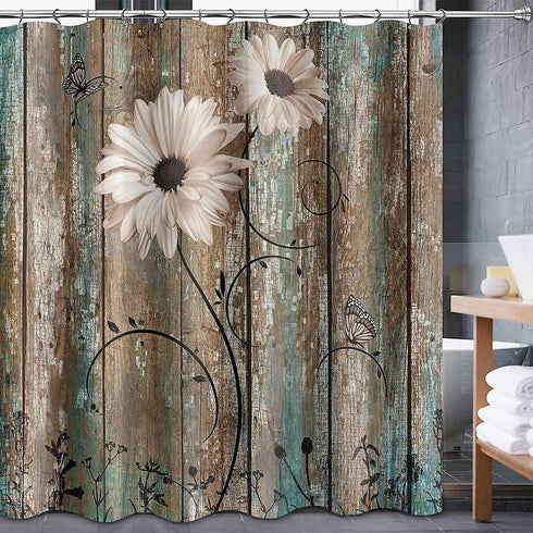 Lnond Floral Shower Curtain, Farmhouse Shower Curtain with 12 Hooks, Seashell Starfish Shower Curtains, Washable Waterproof Fabric Shower Curtain Set for Bathroom (72" x 72")