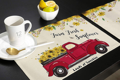 Harvest Farm Red Truck Full of Blooming Sunflowers Placemats - Set of 4 Washable Stain Resistant Kitchen Table Mats - Cotton Linen Woven Dining Table Mats - 12" x 18"