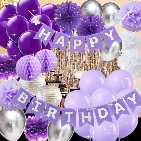 Birthday Party Decorations for Women Purple Silver Happy Birthday Banner Purple Silver Latex Balloons Polka Dot Paper Fans/Girl Purple Birthday Decorations for Women 30th/40th/50th/60th Purple Birthday Party Decorations