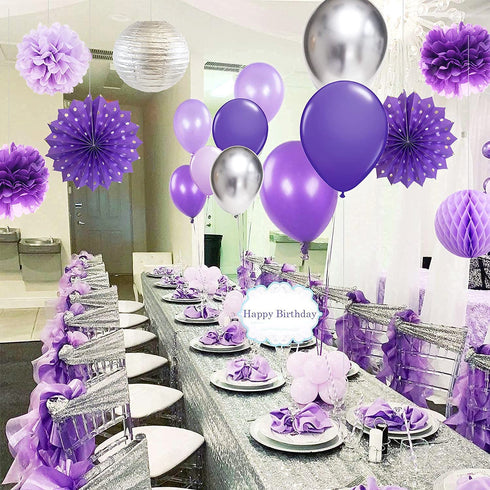 Birthday Party Decorations for Women Purple Silver Happy Birthday Banner Purple Silver Latex Balloons Polka Dot Paper Fans/Girl Purple Birthday Decorations for Women 30th/40th/50th/60th Purple Birthday Party Decorations