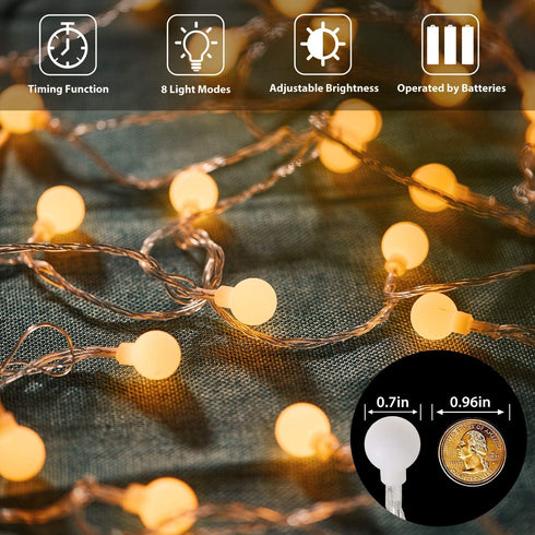 Battery Operated String Lights Outdoor - 2 Packs 200 LED 98 Ft Globe Fairy Light Bedroom Indoor with Remote Control Timer 8 Lighting Modes for Room Decor Car Camping Christmas Tree Girls Warm White