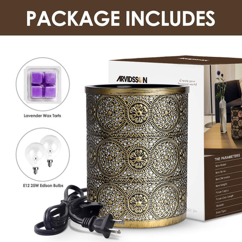ARVIDSSON Electric Wax Melt Warmer for Scented Wax, Metal Wax Candle Warmer Wax Melter, Wax Burner Fragrance Warmer with 2 Edison Bulbs for Home Office Bedroom Gifts