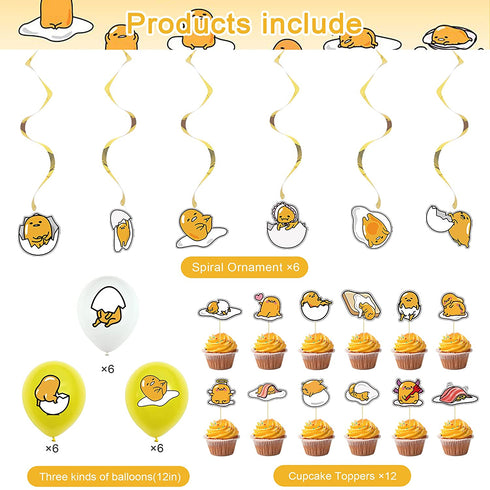 38 Pcs Gudetama Theme Birthday Party Decorations,Party Supply Set for Kids with 1 Happy Birthday Banner Garland , 13 Cupcake Toppers, 18 Balloons,6 Spiral for Party Decorations