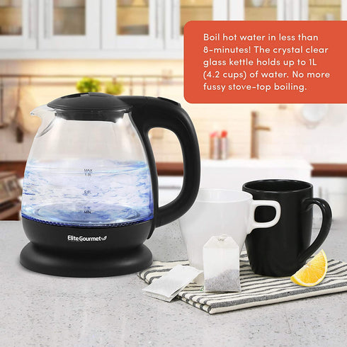 Elite Gourmet EKT1001B Electric BPA-Free Glass Kettle, Cordless 360° Base, Stylish Blue LED Interior, Handy Auto Shut-Off Function Quickly Boil Water for Tea & More, 1L, Graphite Black